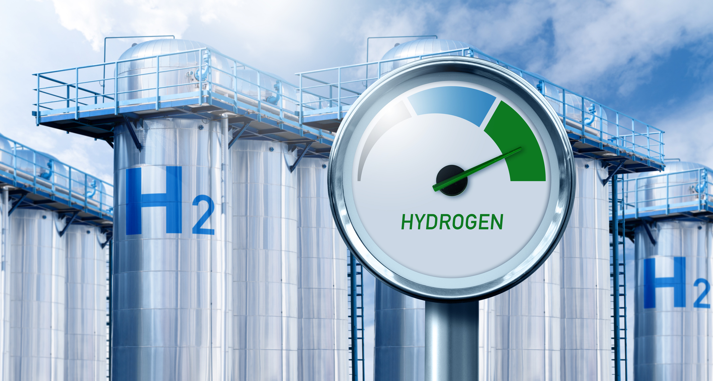Hydrogen storage with gauge. Green hydrogen concept.