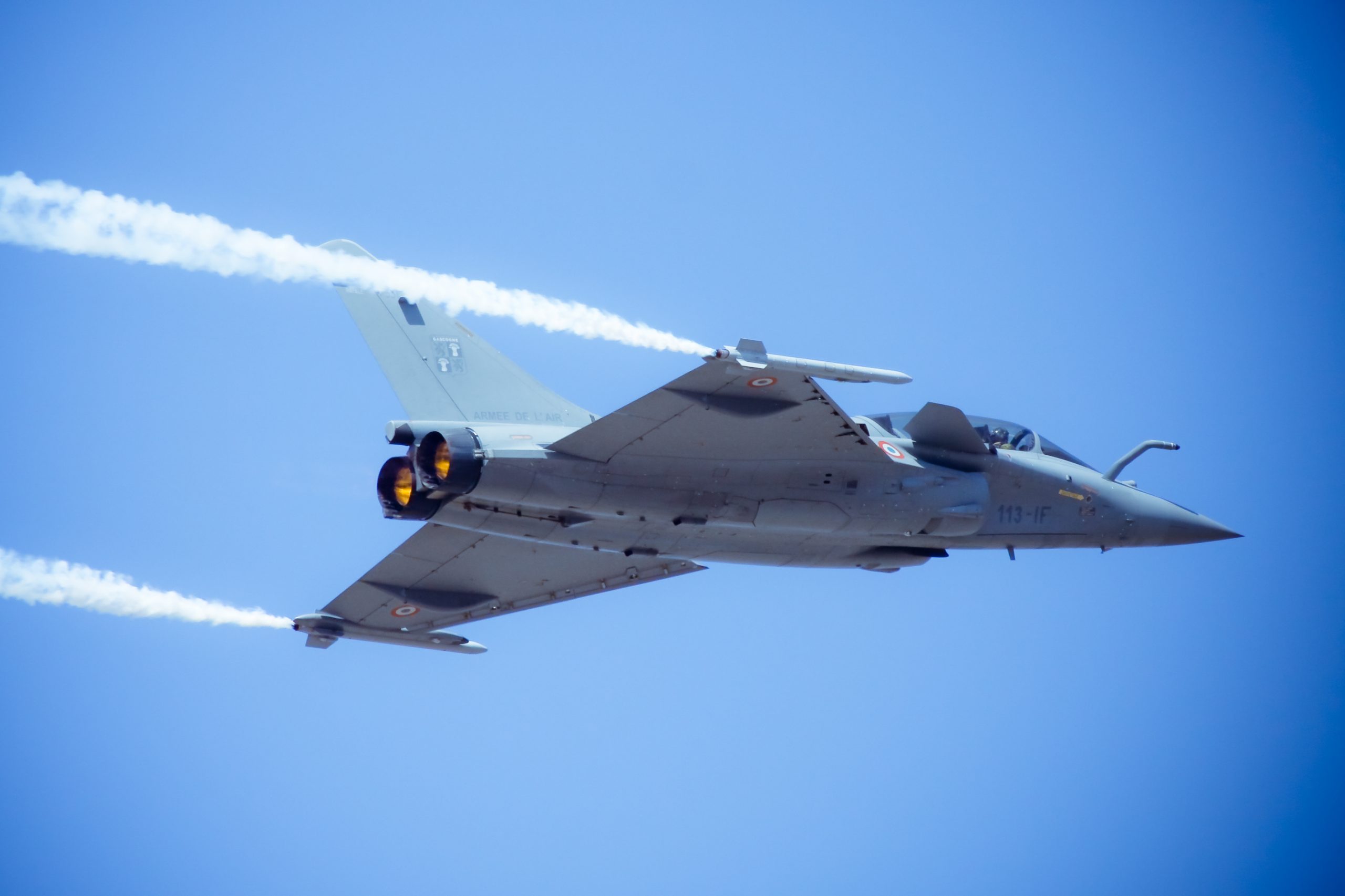 Bangalore, Karnataka, India – February 9, 2013: French Rafale performing at Aero India 2013 (IAF's Yelahanka Air Force base). French Rafale is a highlight of Aero India 2013 as it has won Indian Air Force 126 multirole aircraft deal.