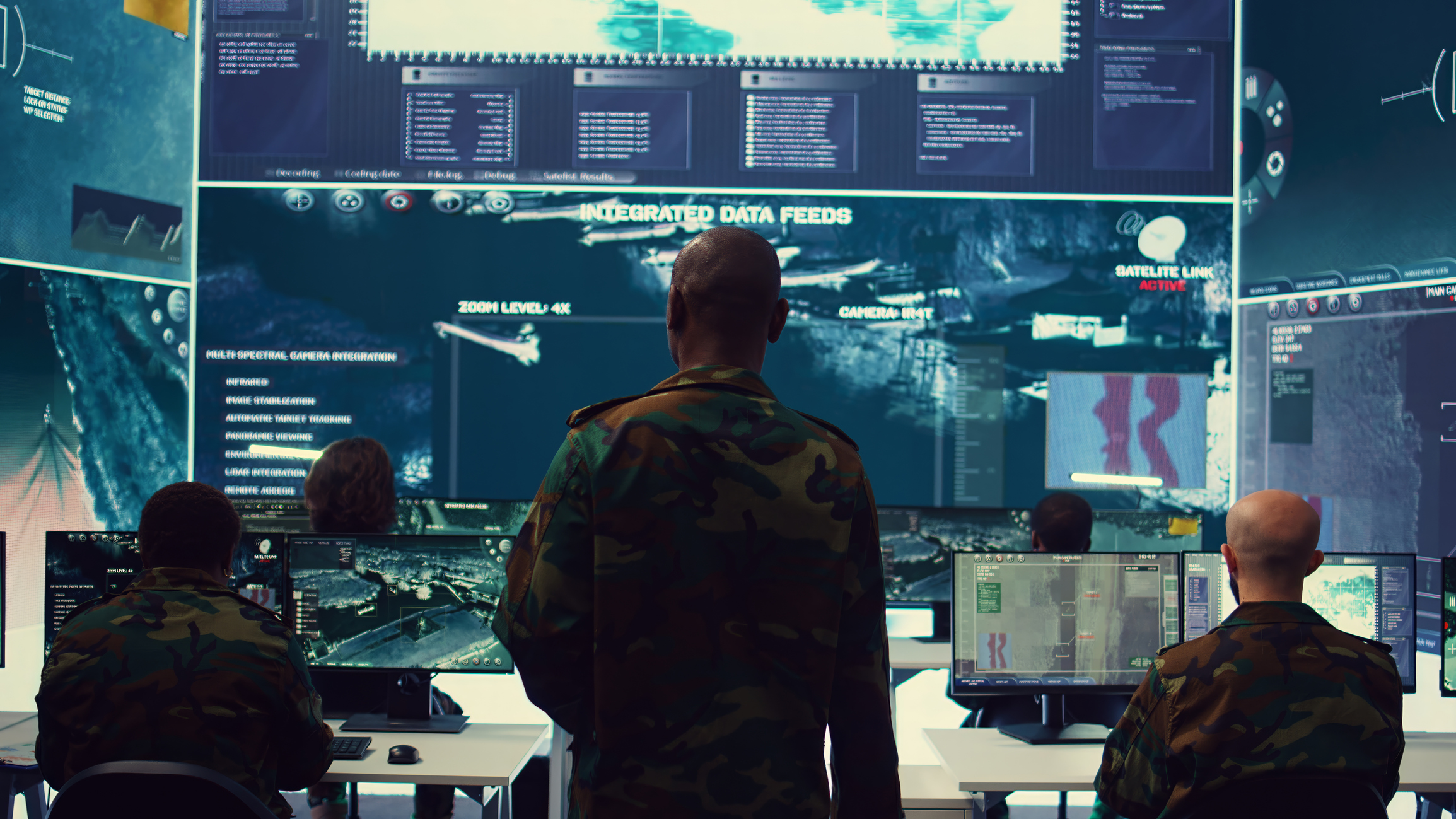 General headquarters under ruling of army IT professional that reviews insight about a new national safety mission. Command sergeant major briefing his marine corps troops with big data. Camera B.